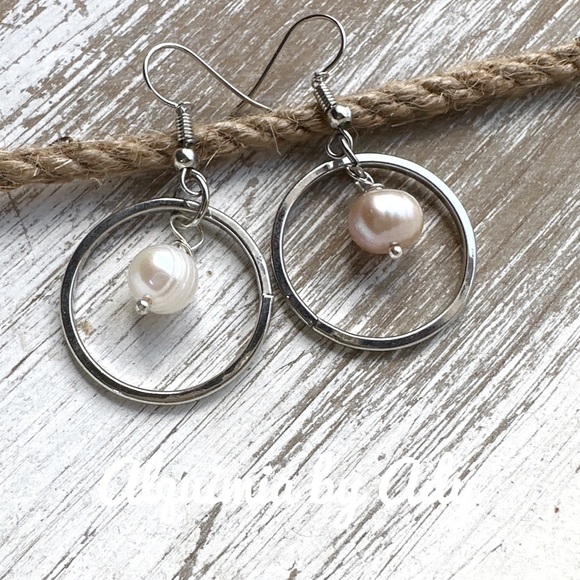 Modern Silver Hoop Earrings with White Pearls - Picture 1 of 1
